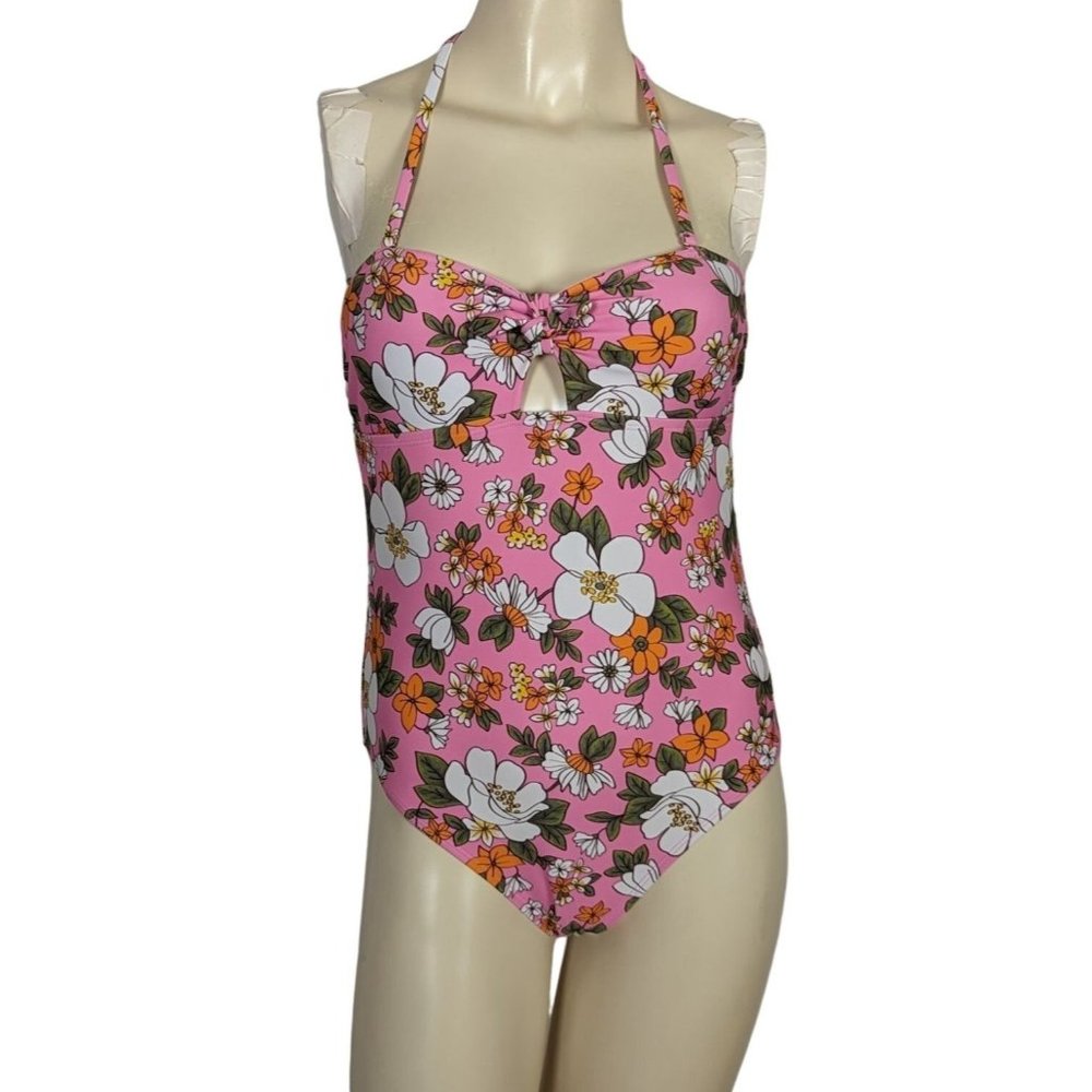 Wallflower one piece floral pink halter style swimsuit size M